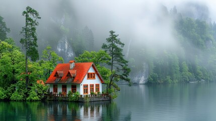 Fototapeta na wymiar A house rests atop a tiny island amidst a tranquil lake, encircled by trees and mountains shrouded in fog
