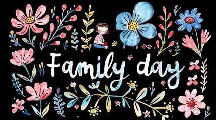 Vibrant flowers on a black background surrounding the words family day, symbolizing love and togetherness in a creative and artistic way
