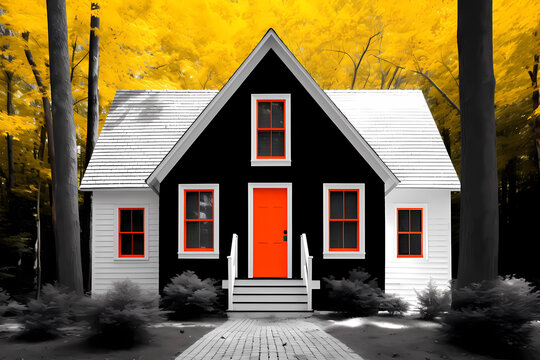Saltbox Style House (Color Pop) - Originated in the 17th century in New England, characterized by a long, sloping roof that slopes down to the rear of the house 
