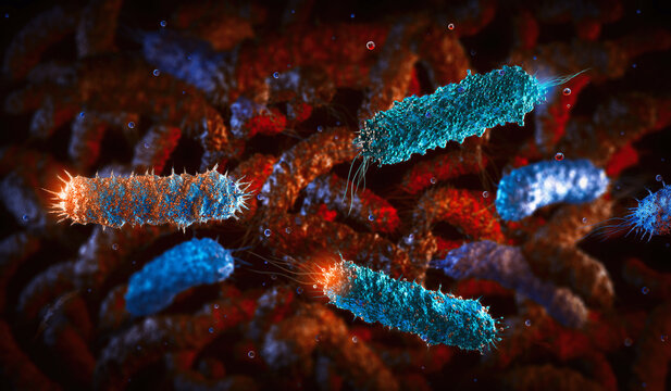 Pathogenic rod-shaped e.coli salmonella bacteria medical background. Germ, bacterial infection agent, gram negative escherichia coli bacterium, salmonellosis, legionella 3D microscope illustration