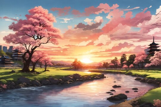 Sunset Scene with a River and Spring Trees, Japanese Background with Sunset Small River and Sakura Tree, japan scenery wallpaper, Sunrise scene with a river and cherry blossom Tree, AI Generative