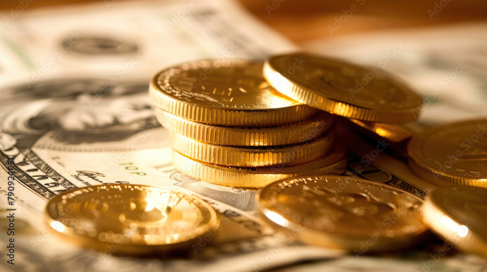 Poster gold coins arranged on top of a stack of currency notes in a pile