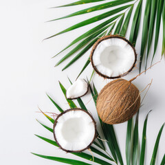 coconut with leaf on white background