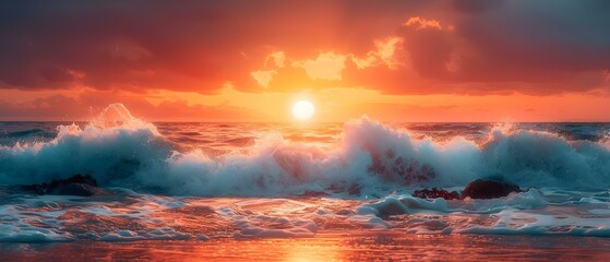 Fiery Horizon: Waves Meet Sunset Blaze. Concept Landscape Photography, Ocean Views, Golden Hour, Fiery Skies, Horizons