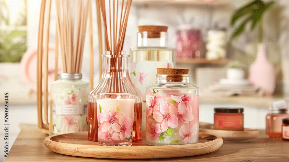 Poster a wooden tray holds multiple bottles filled with candles, creating a warm and inviting display