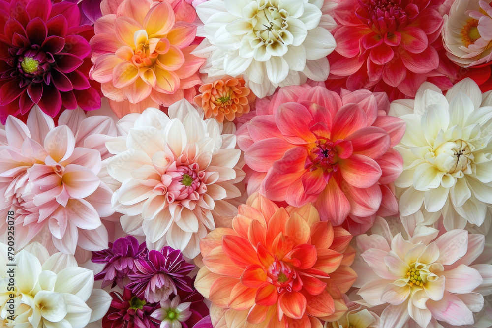 Poster numerous colorful flowers are arranged in a cluster in the center of a plain wall, creating a vibran