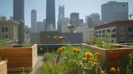 Fototapeta premium Bees pollinating flowers on an urban rooftop garden against a backdrop of towering skyscrapers on a clear day