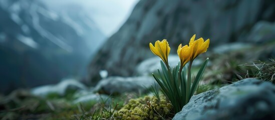 Yellow snowdrop in an elevated mountain valley, captured in extreme close-up. - obrazy, fototapety, plakaty