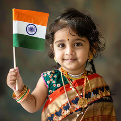 indian little girl waving tricolor flag