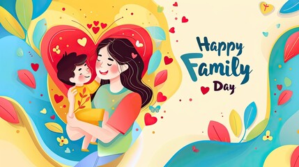 Colorful illustration of Happy Family Day. A woman tenderly holds a child in her arms, demonstrating the bond of love and care between mother and offspring