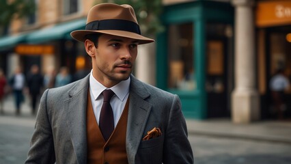 A dapper gentleman strolls through a vibrant city square, his tailored suit exuding refinement and...