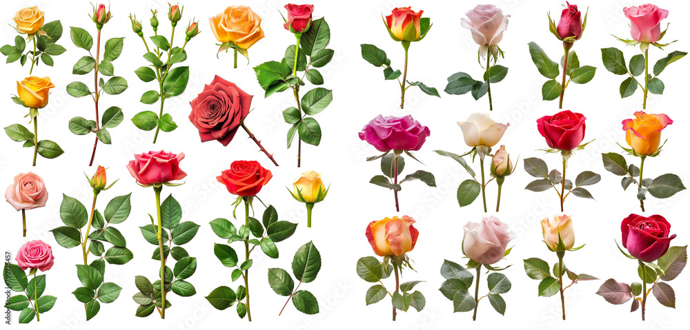 Poster collection of different style and parts of colorful roses isolated on transparent or white backgroun