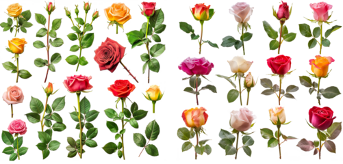 Collection of different style and parts of colorful roses isolated on transparent or white background