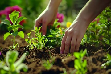 Fototapeta premium Eco friendly farmer hands planting tree in community garden, sustainable growth, sunny day