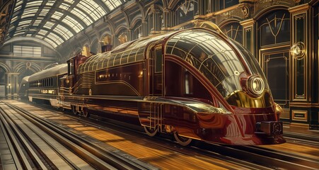 Luxurious Art Deco train design with ornate details and polished surfaces in 3D render.