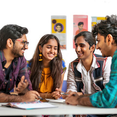 indian college friends group discussing at library