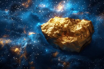 A golden asteroid against a deep blue nebula