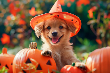 Portrait of a cute puppy wearing a witch hat for halloween going for trick or treat with space for copy on an orange background