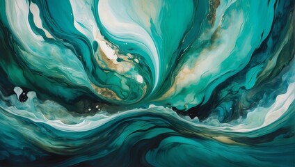 Mesmerizing Abstract Panorama, Fusion of Water and Oil Paints in Teal and Forest Green Tones.