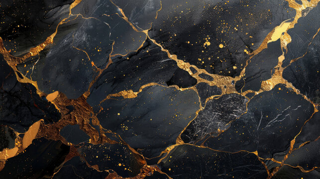 sfondo astratto in marmo  nero con venature dorate, tecnica giapponese kintsugi, finta texture di pietra artificiale dipinta, superficie marmorizzata, illustrazione digitale di marmorizzazione