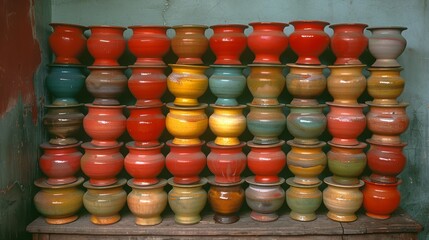   A collection of vases arranged in stacked tiers in front of a backdrop of diverse hued vases