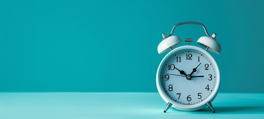 closeup photo of a classic white alarm clock showing the time isolated on blue background with empty space. generative ai