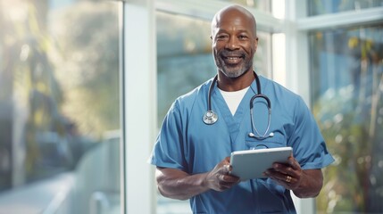 Obraz premium Smiling Doctor Holding Tablet