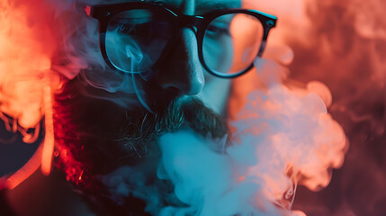 Close-up portrait of a bearded man with glasses and a beard in the smoke. The concept of smoking and vaping. - obrazy, fototapety, plakaty