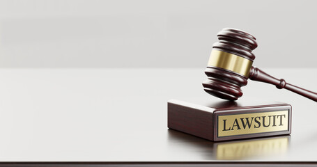 Lawsuit: Judge's Gavel as a symbol of legal system and wooden stand with text word - obrazy, fototapety, plakaty