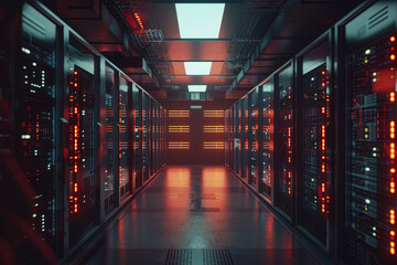 Modernes Datentechnik Zentrum mit Server Racks und visuellen Effekten - obrazy, fototapety, plakaty