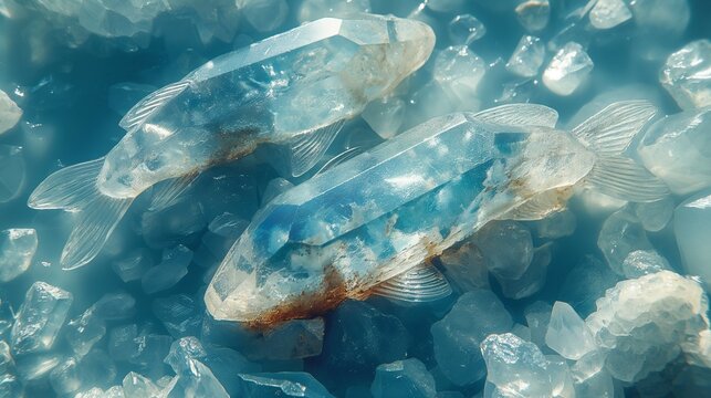 two blue aquamarine crystal fish in the water. 