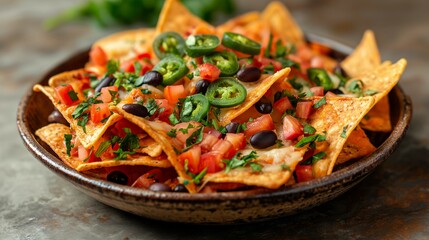 nachos in the plate with vegetables, chillies and tomatoes. 