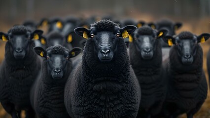 The Bold Leader: A Sole Black Sheep Captivates within the Flock. Concept Leadership, Uniqueness, Standing Out, Identity, Solo Journeys - obrazy, fototapety, plakaty