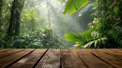 an empty sleek wooden surface set against the soft blur jungle background for product - obrazy, fototapety, plakaty