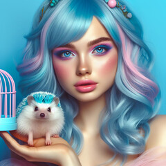 A girl with blue hair holds a hedgehog in her hands. - 790927061