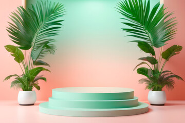 Obraz premium 3D podium for product advertising, minimalism, coral and light green color