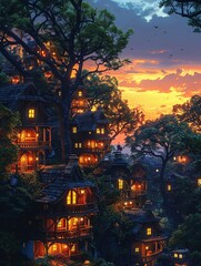 Fototapeta na wymiar Elven village, treetop homes, elven village painting, panoramic shot, golden silhouettes, peaceful coexistence 
