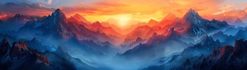 Mountain peaks, griffin soaring painting, aerial perspective, twilight skies, majestic freedom - obrazy, fototapety, plakaty