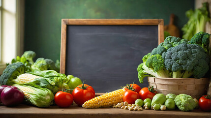 Fresh organic vegetables with blank chalkboard sign, copy space for advertising. Organic vegan food, healthy diet