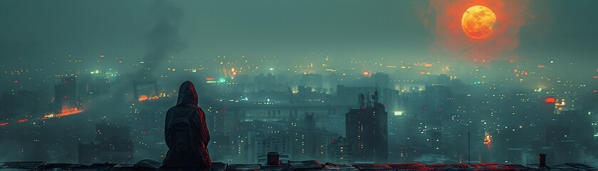 Obraz premium Shadow assassin, moonlit rooftop, assassin s stealth sketch, rooftop view, night shadows, lethal precision