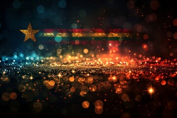 black background with burmese flag colors in glitter and bokeh 
