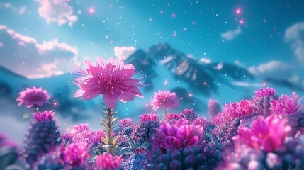 Obraz premium A painting of a pink bloom in a purple field's heart, surrounded by a mountain backdrop