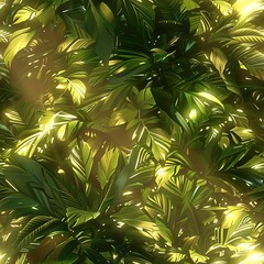 Golden hour rays filtering through a seamless pattern of 3D rendered, lush green foliage. Seamless Pattern, Fabric Pattern, Tumbler Wrap, Mug Wrap.