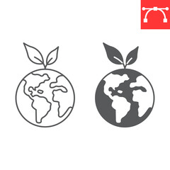 Ecology line and glyph icon, globe and save our planet, earth with leaves vector icon, vector graphics, editable stroke outline sign, eps 10.