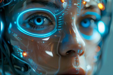 Cyborg Woman with Blue Circuitry Detail - Advanced Technology Concept