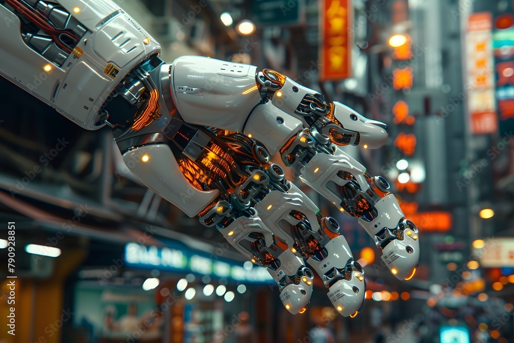 Poster robotic hand reaching out in urban setting - ai and robotics concept