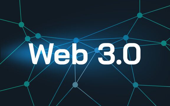 Web 3.0 lettering in front of connected dots and dark blue background with lights in the background, linked data, structured data, database, semantic web, pattern, internet