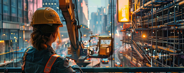 Skilled Female Crane Operator Maneuvering Materials at Busy Construction Site with Expertise in Handling Heavy Machinery and Safety in Workplace
