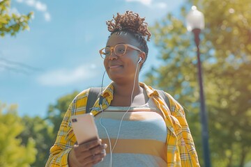 Plus sized African American Young Woman Enjoying Music on Smartphone in Park