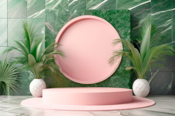 3D podium made of pink marble in the studio for advertising products, cosmetics, things